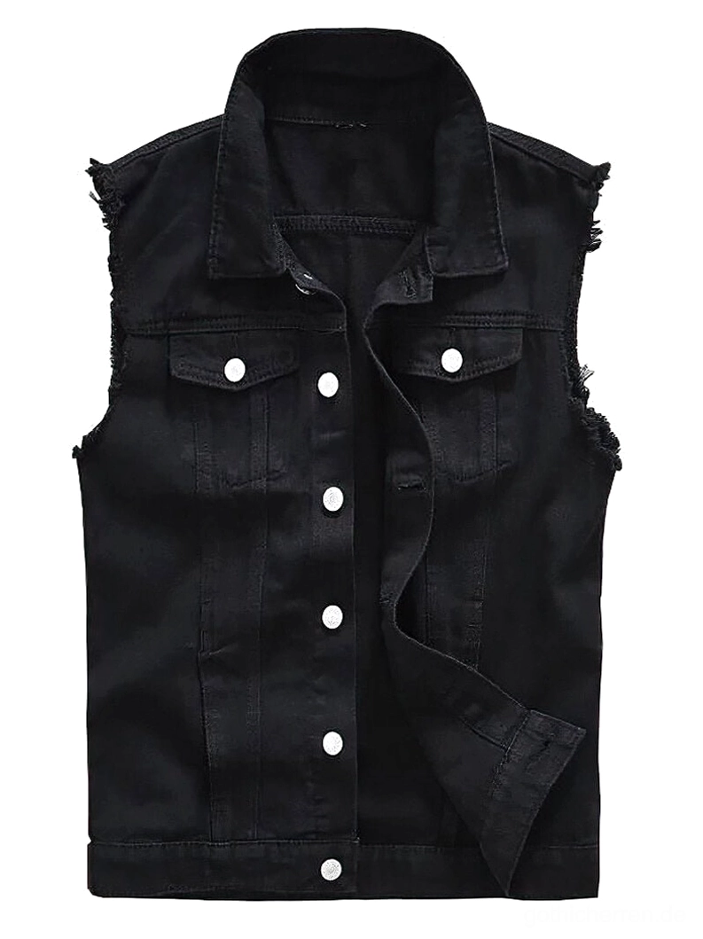 Schwarze Denim Gothic Weste Vorderansicht - ärmellose Herrenweste mit ausgefransten Armlöchern, Metallknopfverschluss und doppelter Brusttasche, Slim-Fit Schnitt