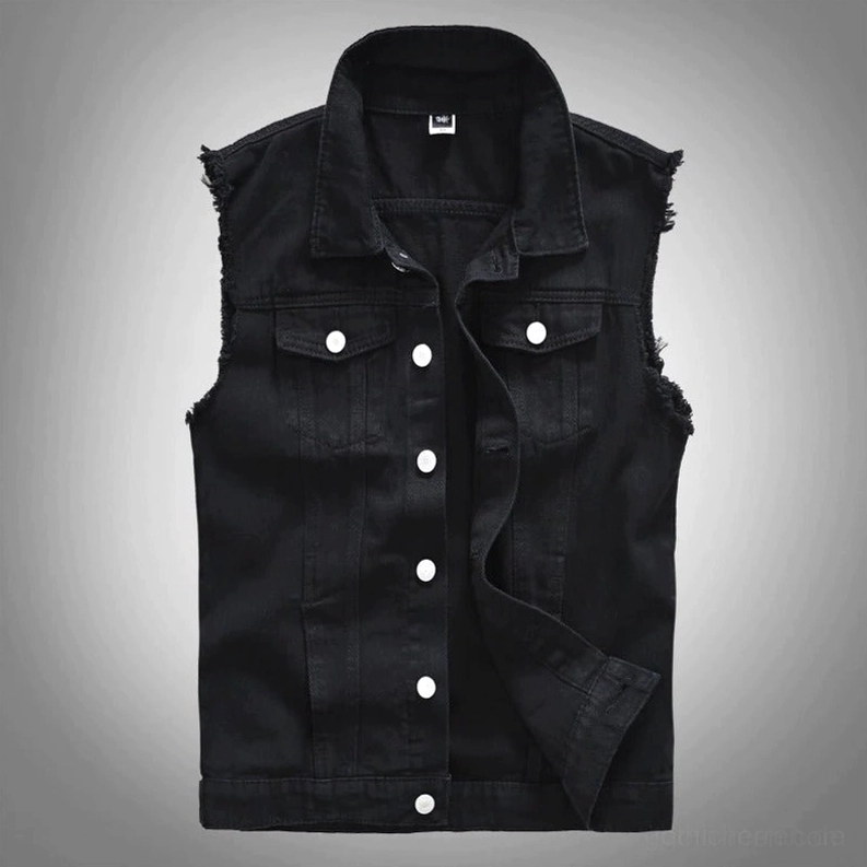Schwarze Denim Gothic Weste Baumwoll-Textur - 100% Baumwoll-Denim mit authentischen ausgefransten Armlöchern und Industriemetallknöpfen, Waistcoat