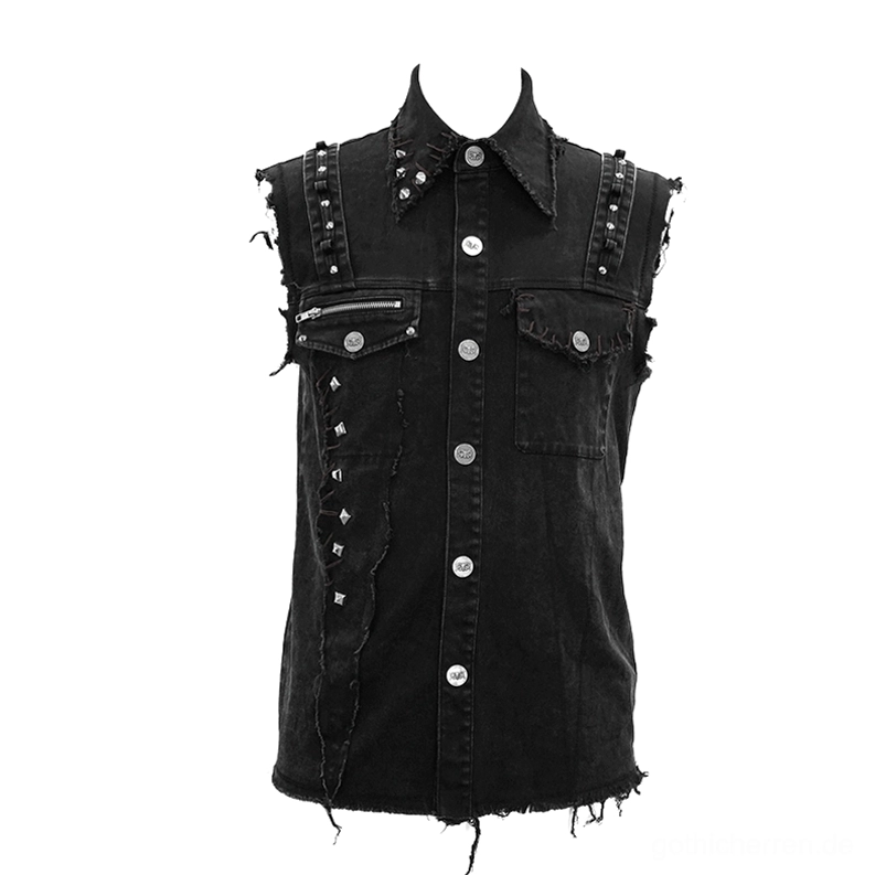 Schwarze Denim-Gothic-Weste Frontansicht auf Schaufensterpuppe, Reißverschluss-Brusttasche, Metallknöpfe, ärmellose Alternative Weste