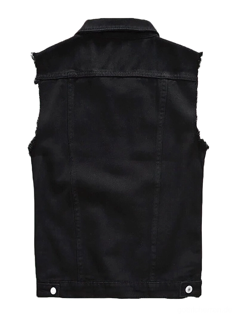 Schwarze Denim Gothic Weste Rückansicht - ärmelloses Waistcoat mit ausgefransten Armlochkanten und verstellbaren Rückknöpfen, Gothic Herrenweste