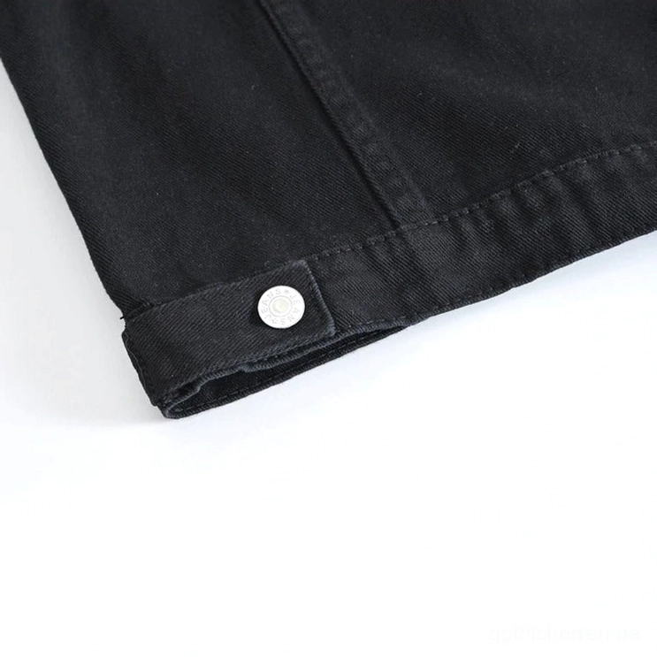 Schwarze Denim Gothic Weste Saumkante Detail - silberner verstellbarer Knopf, saubere Denim-Nahtarbeiten, Weste Taillenrand, Gothic Mode