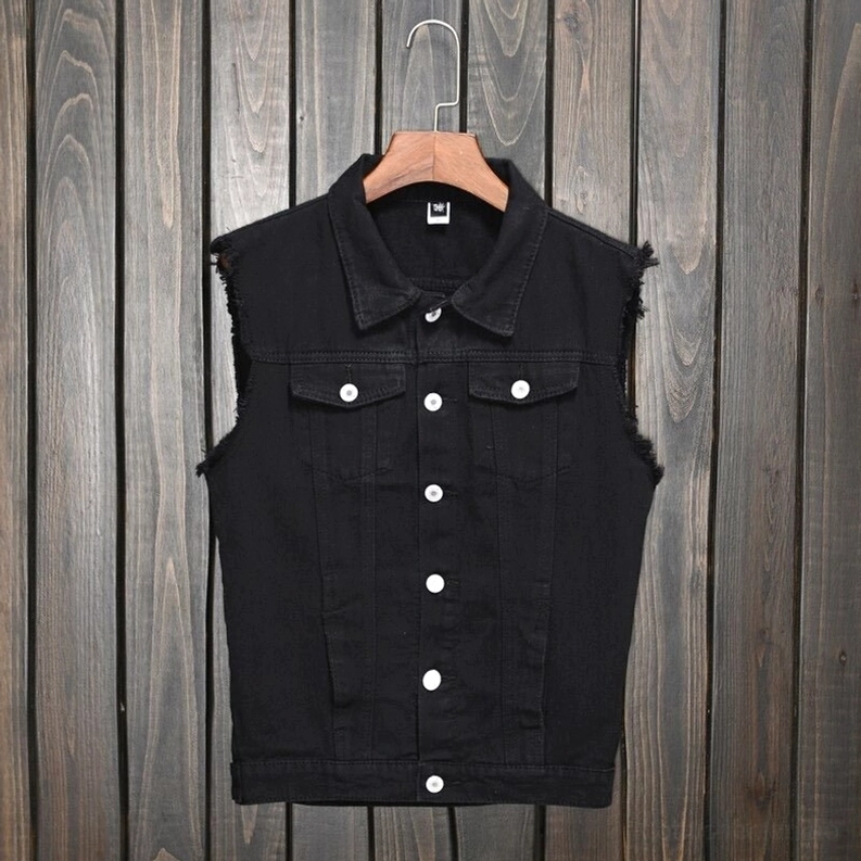 Schwarze Denim Gothic Ärmellose Weste Styling - Slim-Fit Waistcoat mit ausgefransten Kanten ideal zum Layering und Alternative Fashion Outfits