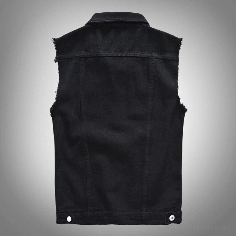 Schwarze Denim Gothic Weste Verarbeitungsqualität - Metallknopfverschlüsse, doppelte Brusttaschen, ausgefranste Designdetails, Herrenweste Handwerk