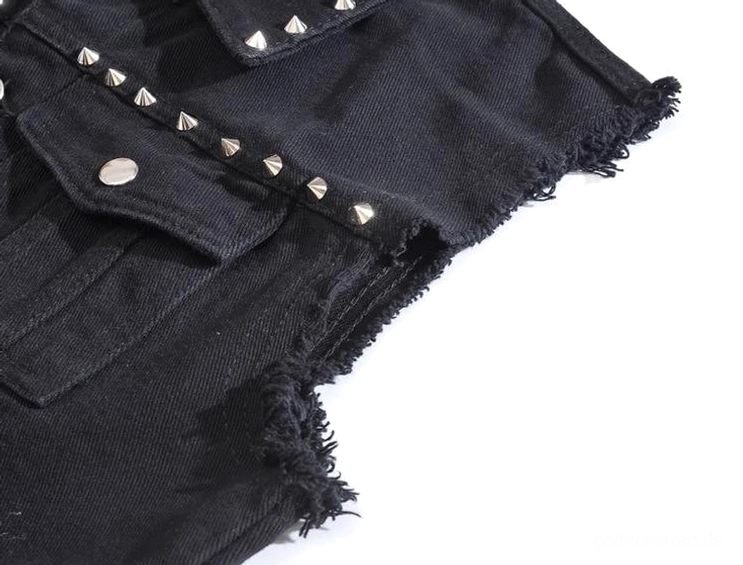 Schwarze Studded Denim Weste für Herren im Industrial-Rock-Stil, ärmellose Nieten-Waistcoat, gotisches Design-Statement, Rock-Ästhetik-Präsentation