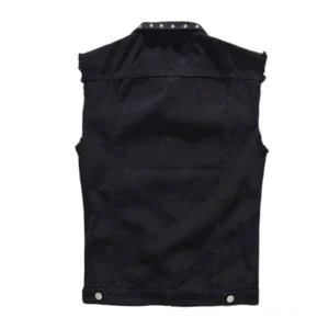 Schwarze Studded Denim Weste Rückansicht mit verstellbaren Saum-Knöpfen an der Taille, Kragen-Nieten, Industrial-Design, ärmellose Waistcoat, gotischer Look