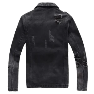 Schwarze Distressed-Denim-Biker-Jacke Rückenansicht zeigt Slim Fit und ausgefranste Riss-Details in Gothic-Ästhetik