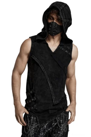 Schwarze distressed Gothic Kapuzen-Weste mit asymmetrischem Frontpanel und Metallösen - Vorderansicht Dreiviertelansicht getragen von Modell