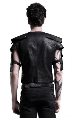 Schwarze distressed Gothic Lederweste Rückansicht zeigt strukturierte Schultterpolster und gerissene Lederoberfläche