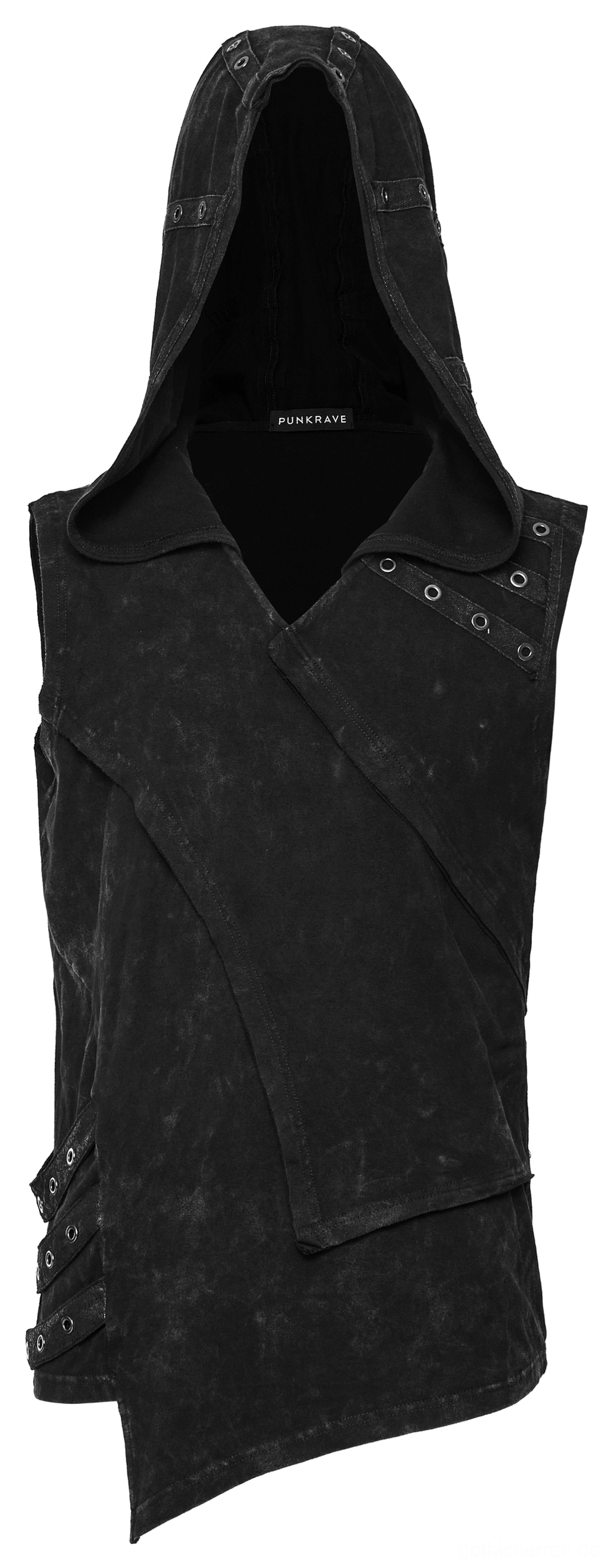 Vorderansicht Flat-Lay schwarze distressed Gothic Kapuzen-Weste mit asymmetrischem Panel und ösen-gesäumtem Kragen