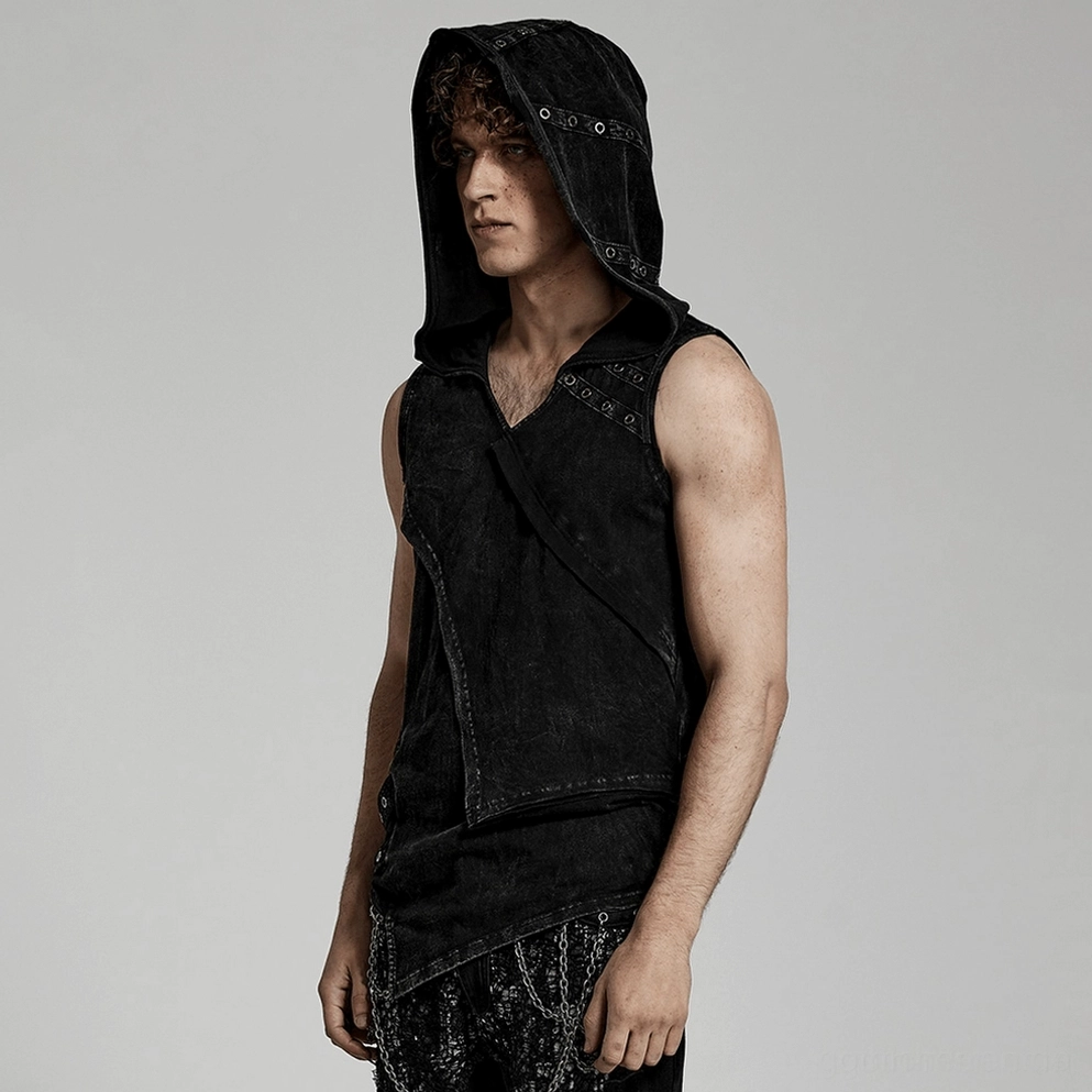 Schwarze distressed Gothic Kapuzen-Weste zeigt Kapuzen-Konstruktion mit ösen-verzierten Bändern und Stoff-Verwitterung Details