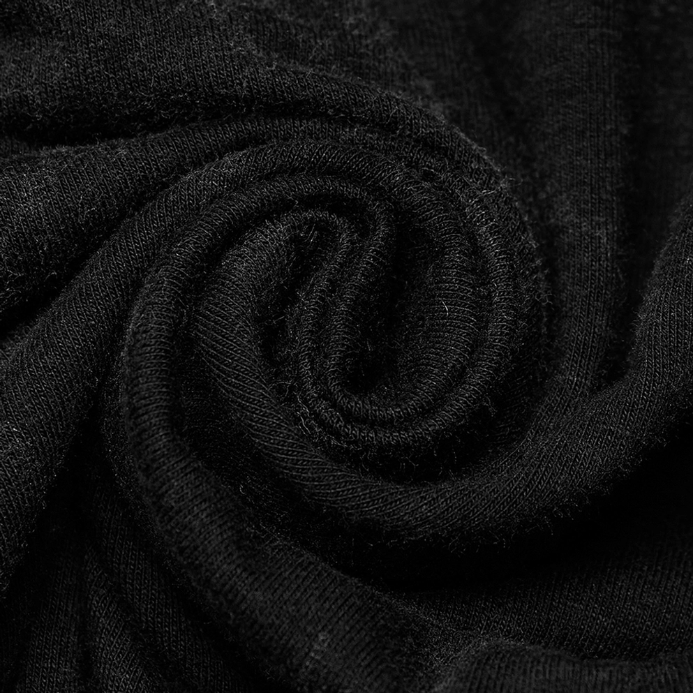 Schwarze distressed Gothic Kapuzen-Weste zeigt Verarbeitungsqualität, asymmetrisches Doppelschicht-Frontpanel und Metallhardware-Details