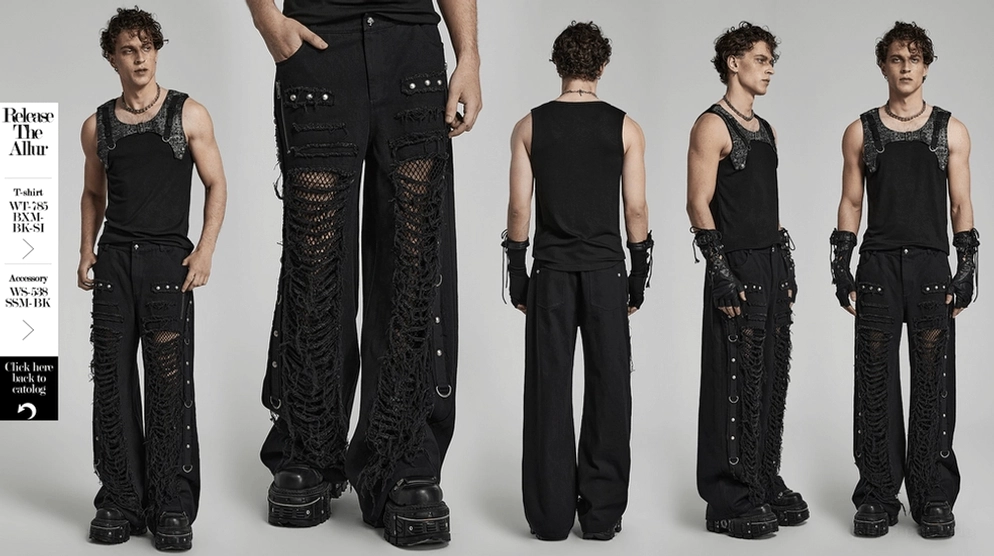 Distressed zerrissene Panele und Ketten-Verzierung Details schwarzer Gothic Cargohose, Nahaufnahme Produktfotografie zeigt industrielle Ästhetik
