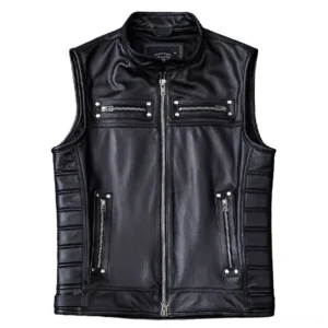 Schwarze echte Leder Gothic Bikerweste Frontansicht mit Metallreißverschluss und vernieten Taschen Details