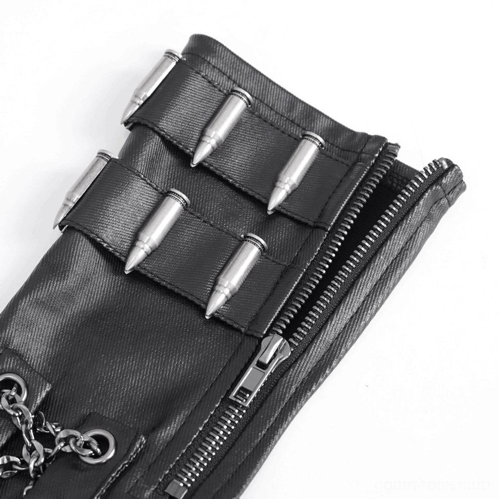 Schwarze fingerlose Gothic Gauntlets zeigen das komplette Design mit Kettenverzierungen, Bullet-Akzenten und Reißverschluss-Verschluss aus detailliertem Blickwinkel
