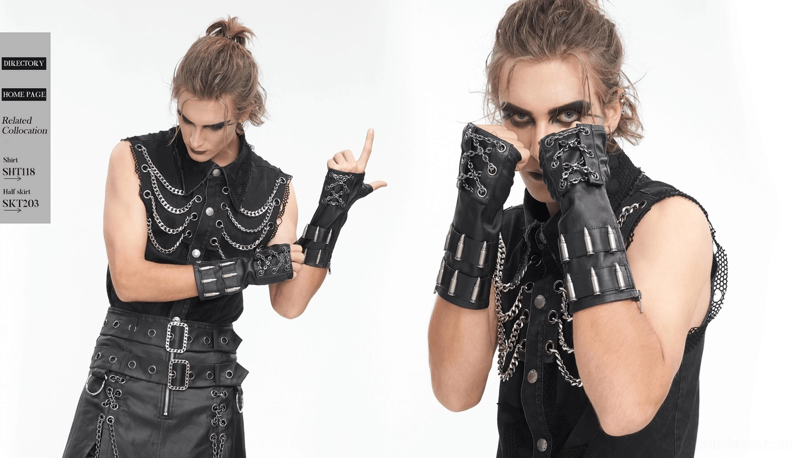 Schwarze fingerlose Gothic Handschuhe mit Ketten und Bullets aus mehreren Winkeln zeigt Vielseitigkeit für Cosplay und alternative Fashion
