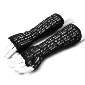 Paar schwarze zerrissene Mesh Fingerlose Handschuhe in Flatlays auf weißem Hintergrund – Gesamtlänge und Handinnendesign sichtbar