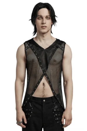 Schwarze Fishnet-Netzweste mit Kapuze in voller Länge von vorne auf männlichem Model mit Cross-Over-Netzdesign und metallischen Eyelets