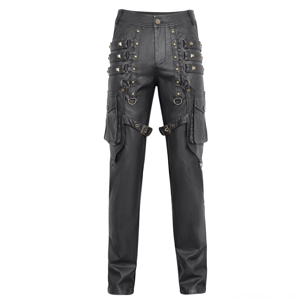 Flache Lagendarstellung schwarzer genieteter Gothic-Cargohose mit frontal platzierten Ziernieten, Seitentaschen und D-Ring-Hardware, demonstriert Design und Verarbeitungsdetails