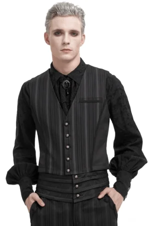 Schwarze gestreifte Gothic-Anzugweste mit abnehmbarem Schwalbenflügel, Vorderansicht auf männlichem Model im Studio, elegante Silhouette