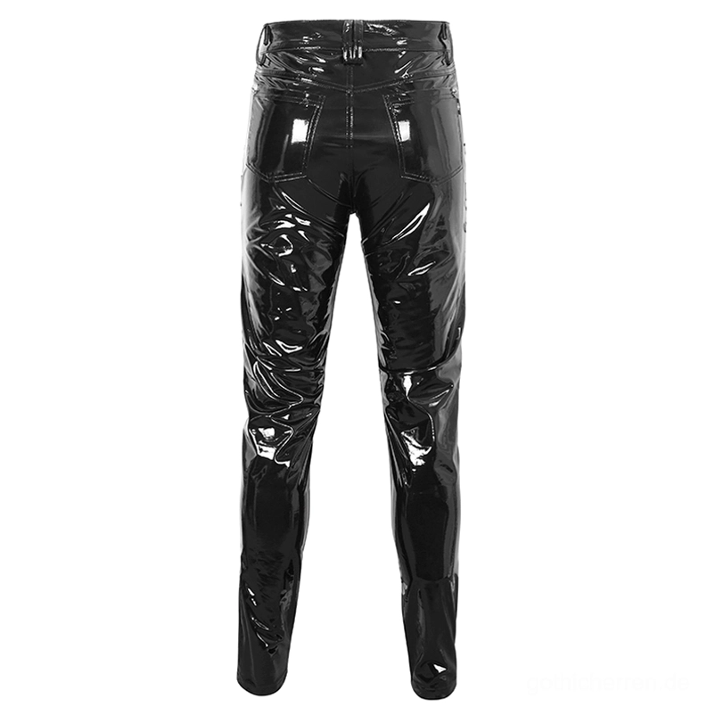 Flache Rückansicht schwarzer hochglänzender synthetischer Kunstleder-Gothic-Lederhose mit standardmäßigen Jeans-Gesäßtaschen, verstärktem Gürtelschlaufen und glatter verjüngter Beinform mit präziser Saumenbearbeitung