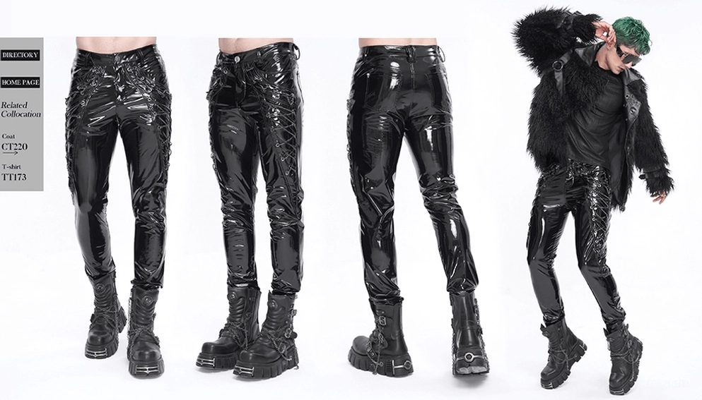 Komplette Ansicht schwarze hochglänzende Kunstleder-Alternative Gothic-Lederhose zeigt alle Designelemente inklusive Kettenschnürung-Details, tailierter Schnitt, Metalleyeletten und Industrial-Punk-Ästhetik auf weißem Studiohintergrund