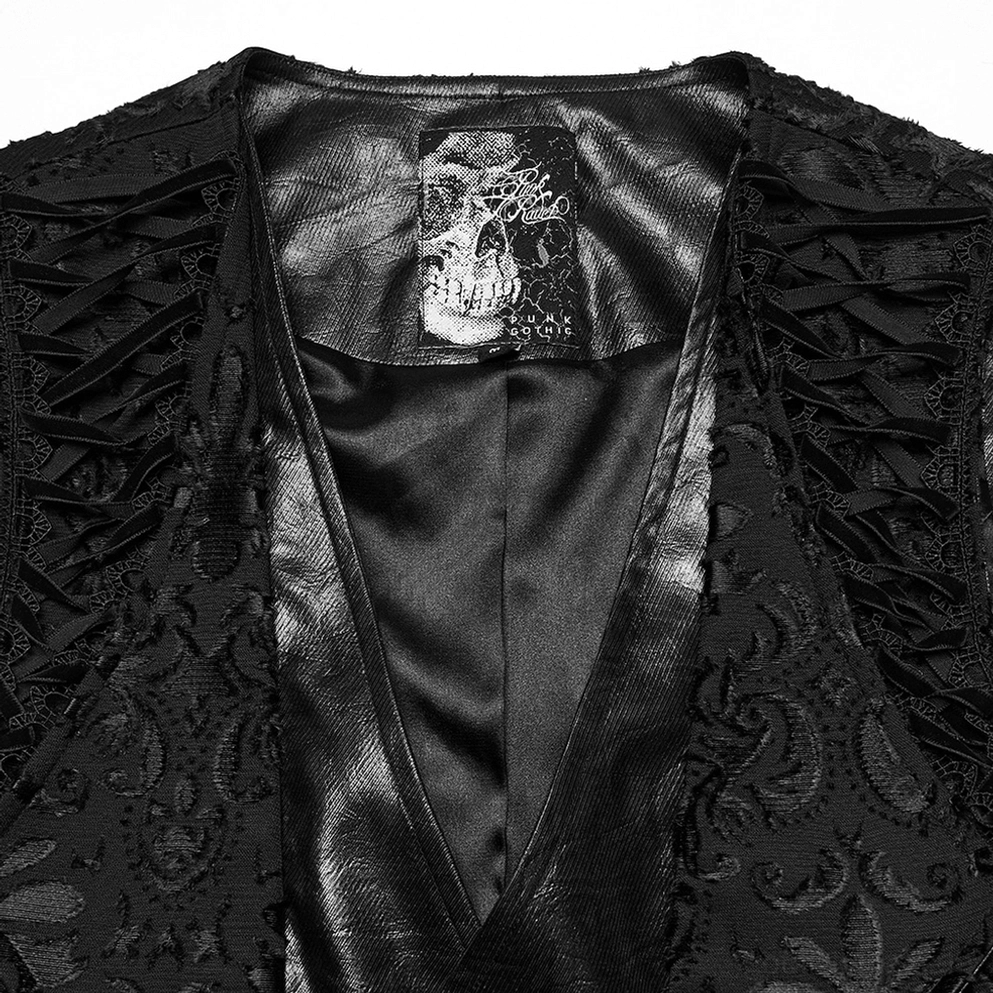 Schwarze Gothic Anzugweste Ausschnitt und Revere Detailansicht mit Satinfutter und Spitzenbortüre und Gothic-Etikett