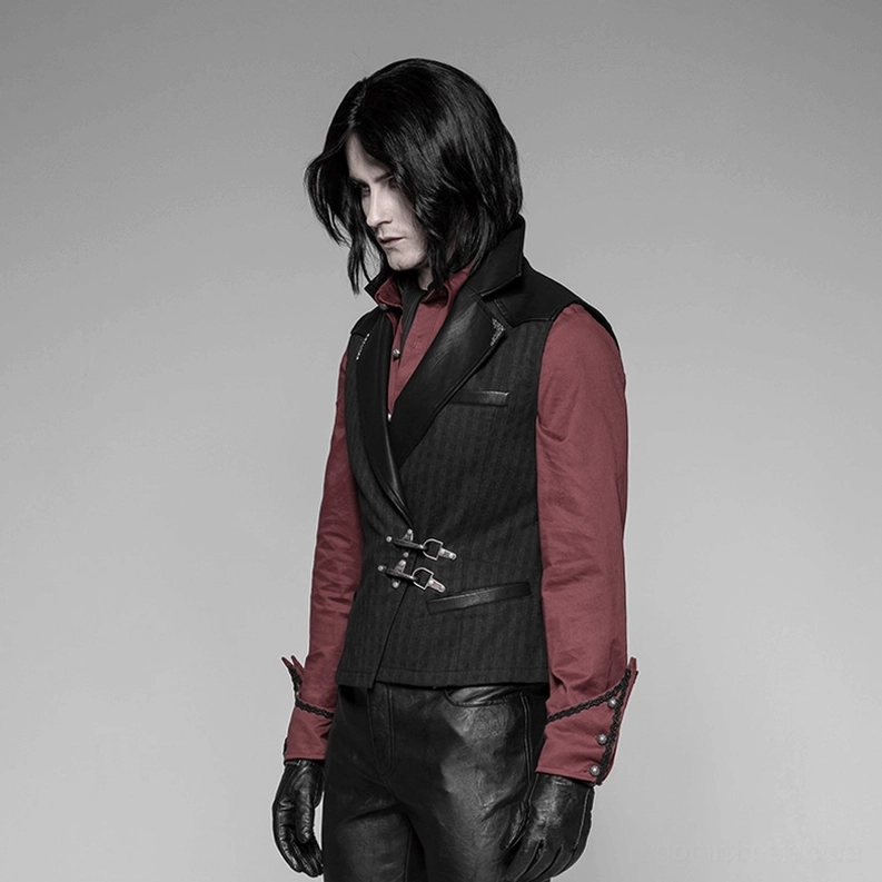 Schwarze Gothic Steampunk Anzugweste Drei-Viertel-Ansicht auf männlichem Modell – tailliert silhouette strukturelles Design und Proportionen