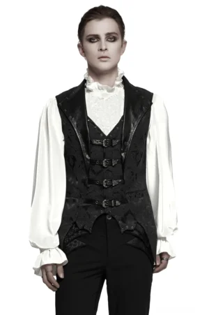 Schwarze Gothic Jacquard Anzugweste mit Fledermauss-Saum und Metallschnallen, Vorderansicht an männlichem Model getragen, ganzer Körper