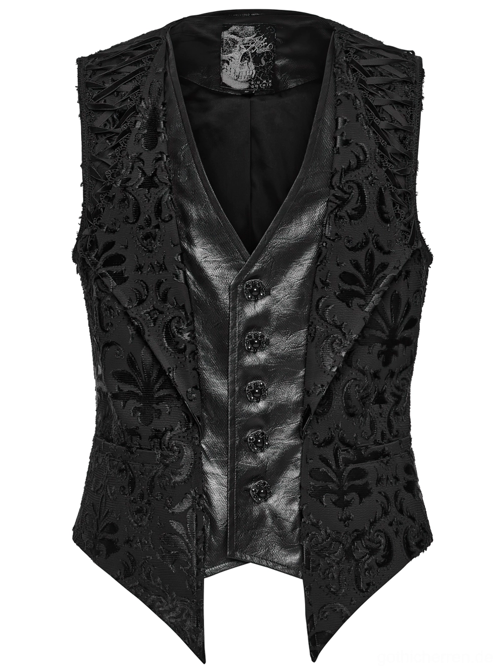 Schwarze Gothic Anzugweste Frontdetail Flachlage mit ornamentalen Metallknöpfen mit schwarzen Edelstein-Akzenten und asymmetrischem Saum