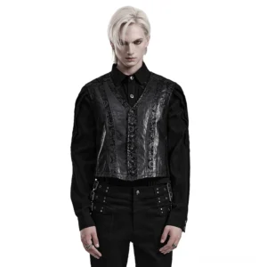 Schwarze Gothic Anzugweste mit geprägtem Scroll-Leder V-Ausschnitt Vorderansicht auf männlichem Model Studio Aufnahme