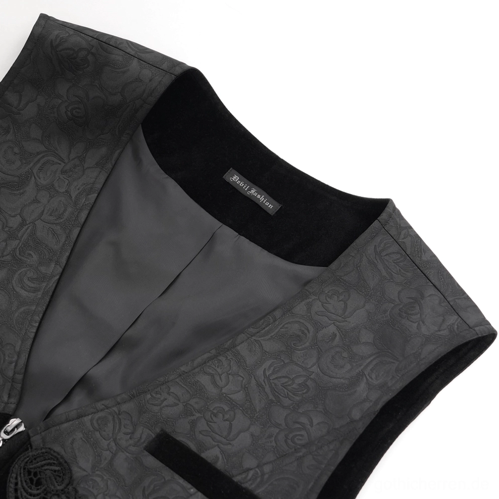 Nahaufnahme schwarze gothic Anzugweste halsausschnitt zeigt samti-innenfutter und erhabenes blüten-jacard-muster außenseite