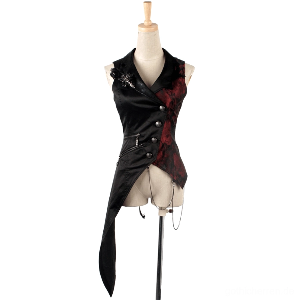 Schwarze ärmellose Gothic Anzugweste auf Kleiderpuppe mit karminrotem Brokat-Panel, Metallbrosche am Kragen und dekorativen Kettendetails, Frontansicht
