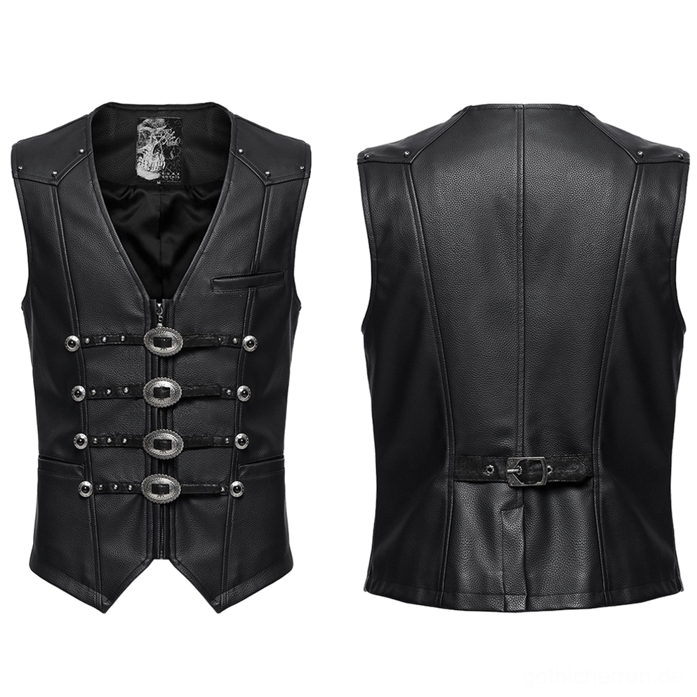 Schwarze Gothic Anzugweste aus Kunstleder - Flat-Lay Vorder- und Rückansicht mit Metallic-Hardware-Details