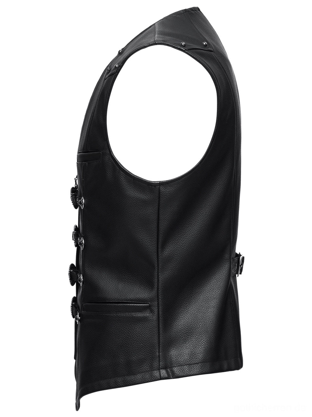 Schwarze Gothic Anzugweste aus Kunstleder - Seitenansicht Flat-Lay mit ärmellosem Schnitt und Seitenschnallenverschluss
