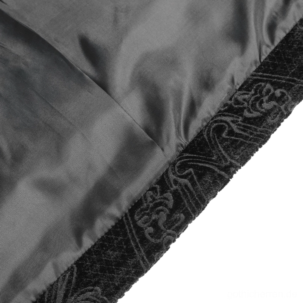 Schwarze Gothic-Anzugweste Profil Vorder- und Seitenansicht mit verjüngter Taille skulpturiertem Panel und eleganten Stoff-Fall
