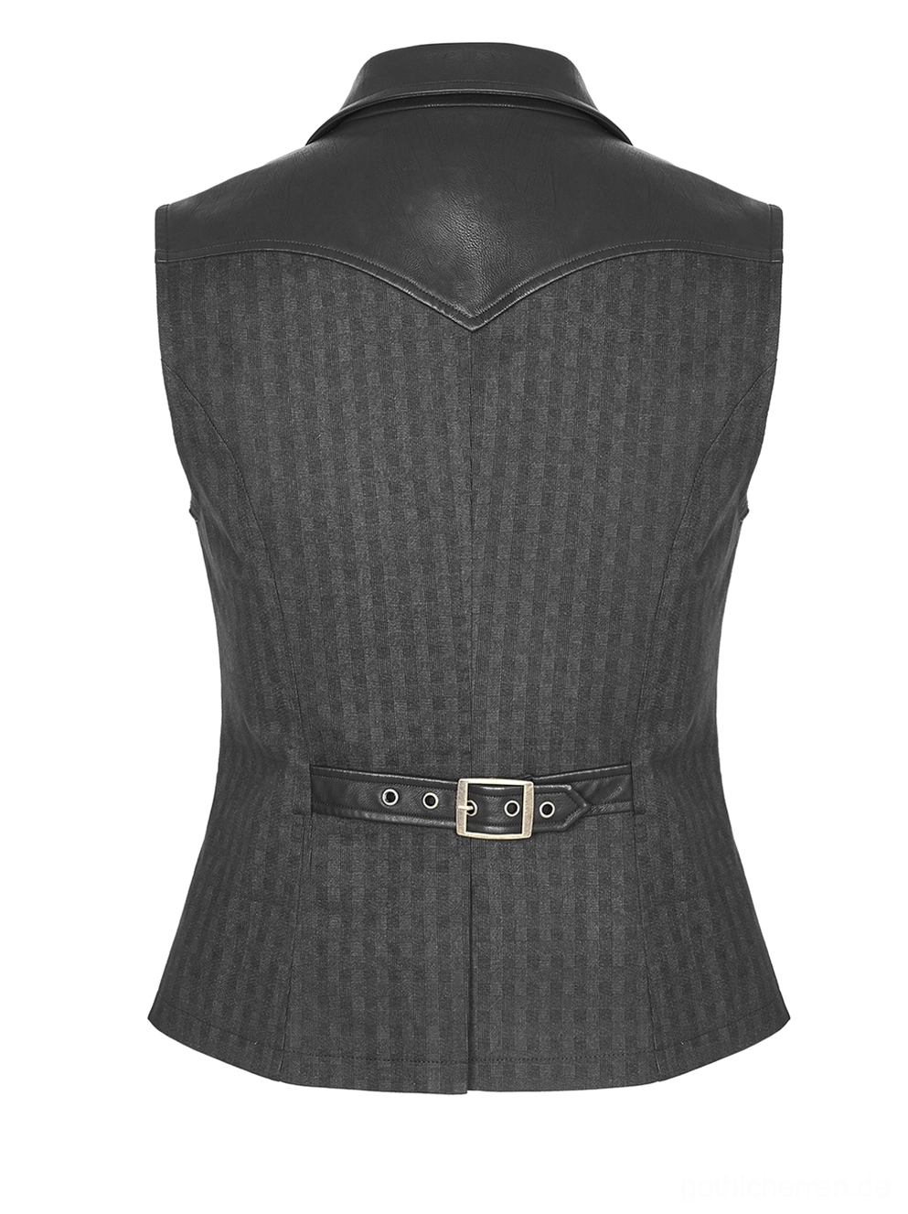 Schwarze Gothic Anzugweste Rückseite Flachlage mit Chevron-PU-Leder Schulterjoch – Streifenstoff und verstellbarer Metallgürtel Taillendetail