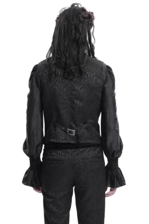 Rückansicht schwarzer Gothic-Anzugweste mit verstellbarem Schnallengurt und Damast-Jacquard-Gewebedetail auf männlichem Model