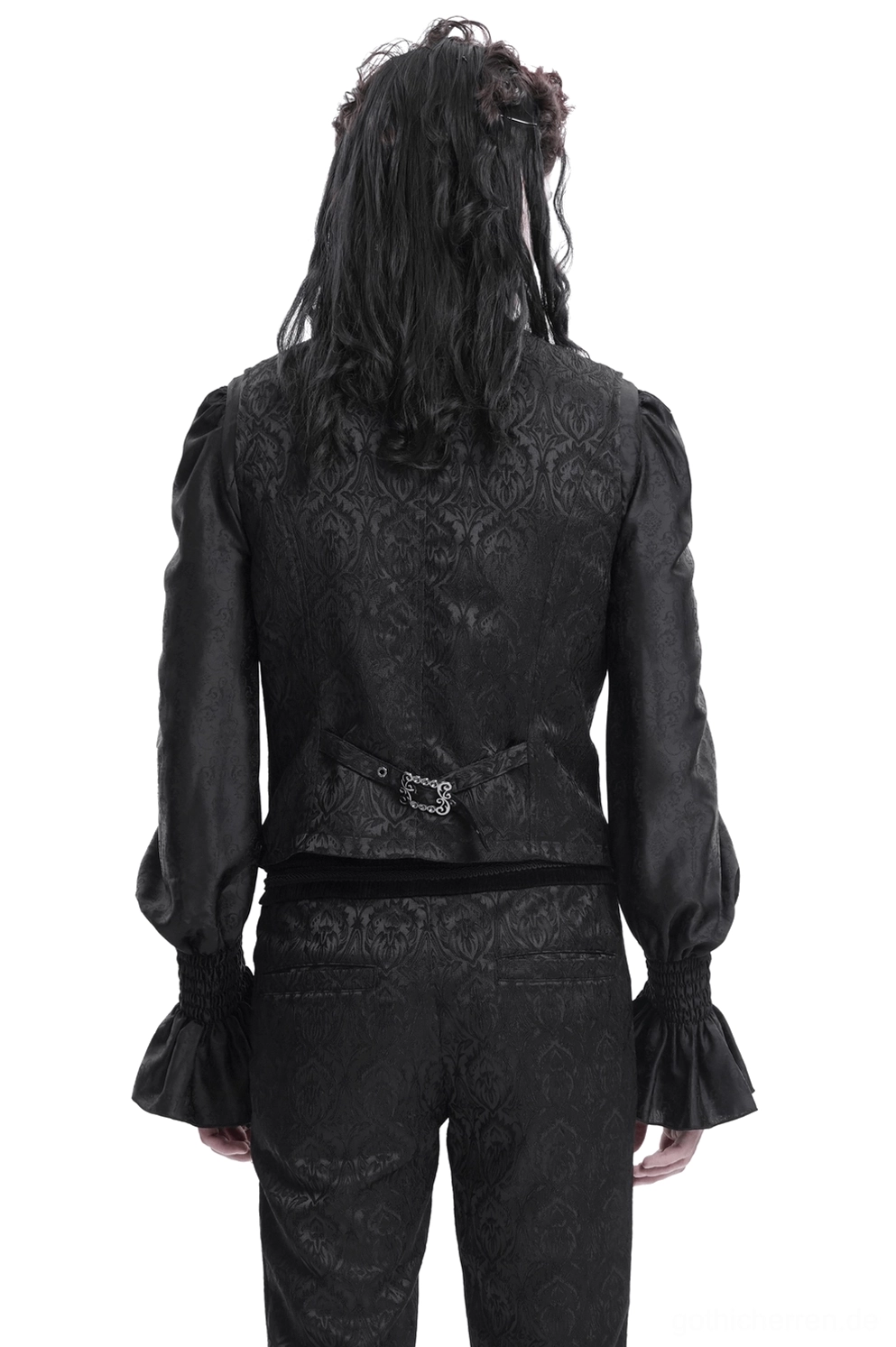Rückansicht schwarzer Gothic-Anzugweste mit verstellbarem Schnallengurt und Damast-Jacquard-Gewebedetail auf männlichem Model