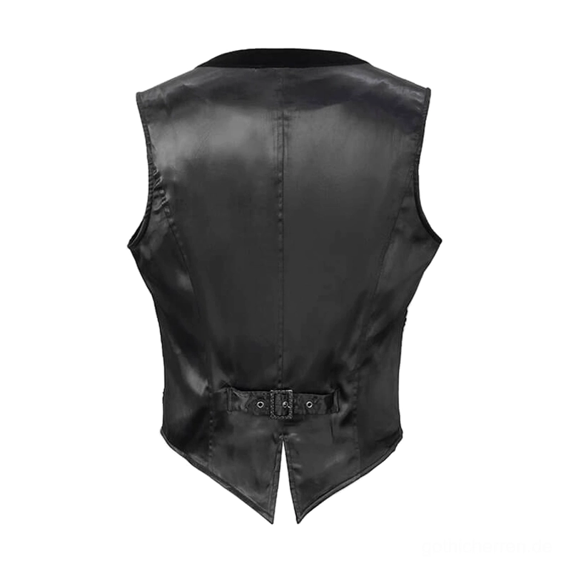 Schwarze Gothic-Anzugweste Rückenseite mit seidenartig glatter Innenseite, verstellbarem Gürtel und zentralem Rückenschlitz