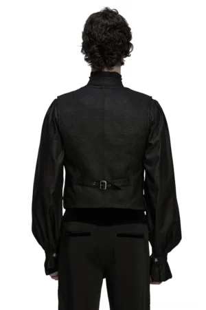 Schwarze Gothic Anzugweste Rückansicht mit verstellbarem Taillen-Gurt und Schnalle, strukturiertes Kunstleder-Design für alternative Mode