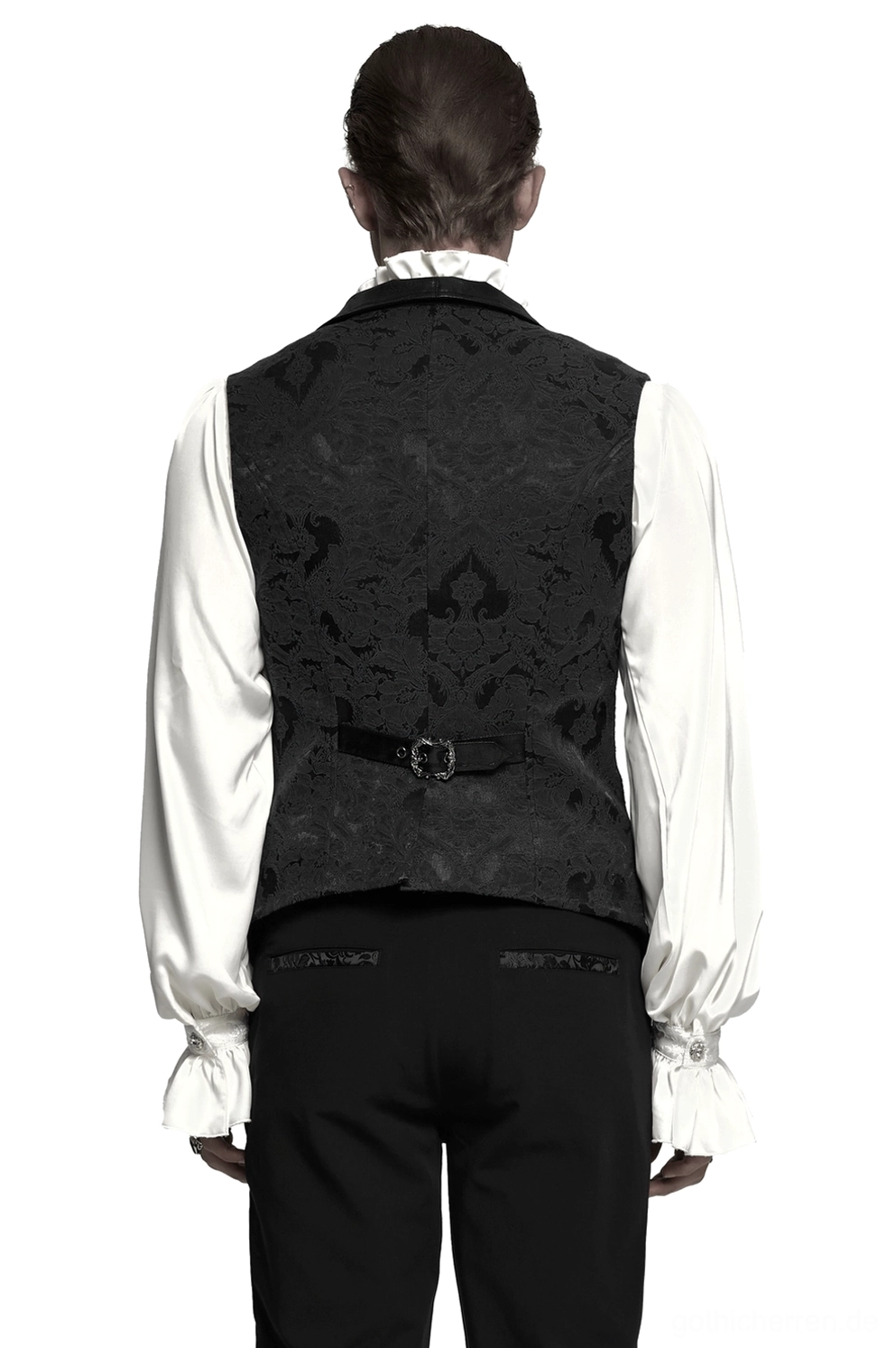 Schwarze Gothic Anzugweste mit verstellbarem Rückengürtel und Damast-Muster, Rückenansicht ganzer Körper mit Jacquard-Muster