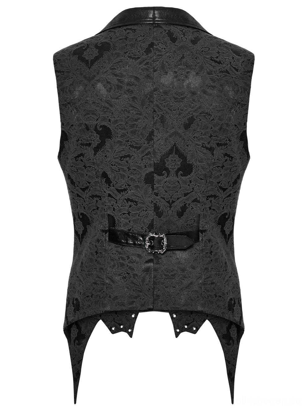 Schwarze Gothic Anzugweste Rückseite Flat-Lay mit verstellbarem Gürtel und ornamentem Jacquard-Stoffdetail