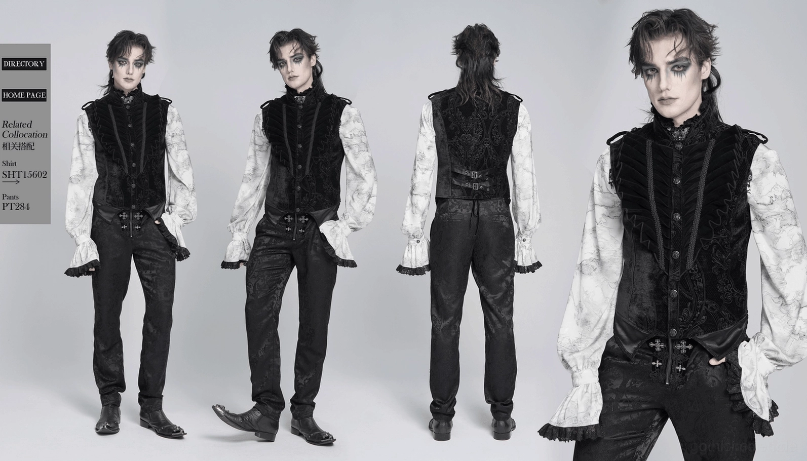 Schwarze Gothic-Samtweste in Schichtung mit formalem Hemd getragen für viktorianische Gothic-Styling und Eleganz Demonstration