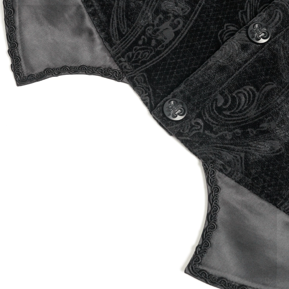 Schwarze Herren-Gothic-Samtweste Seitennähte und Taillenverstellung mit Schnallengurt-Verschlusssystem Detail