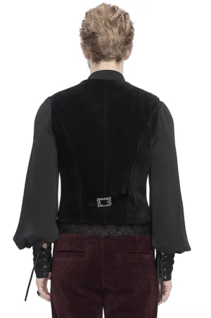 Schwarze Gothic-Anzugweste Rückansicht mit verstellbarem Schnallensystem und Corduroystruktur