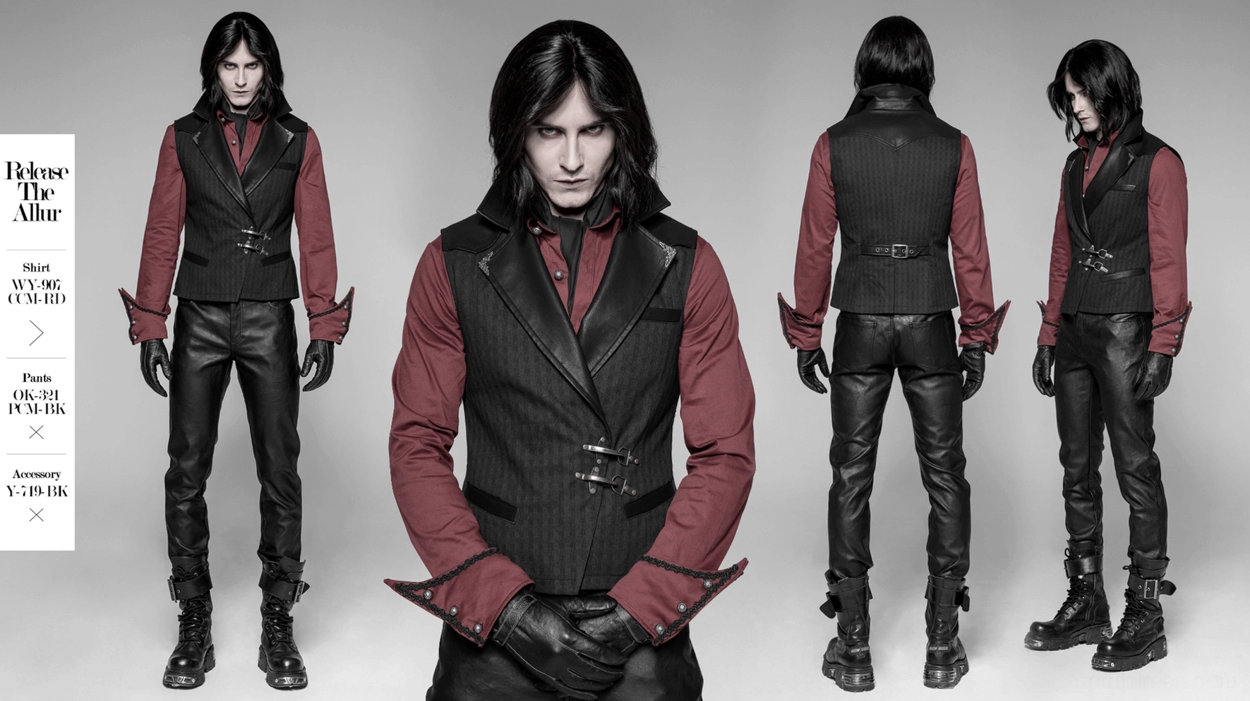Schwarze Gothic Steampunk Anzugweste vollständige Produktansicht Flachlage – komplettes Design mit Buckle-Verschlusssystem und Metallverzierungen