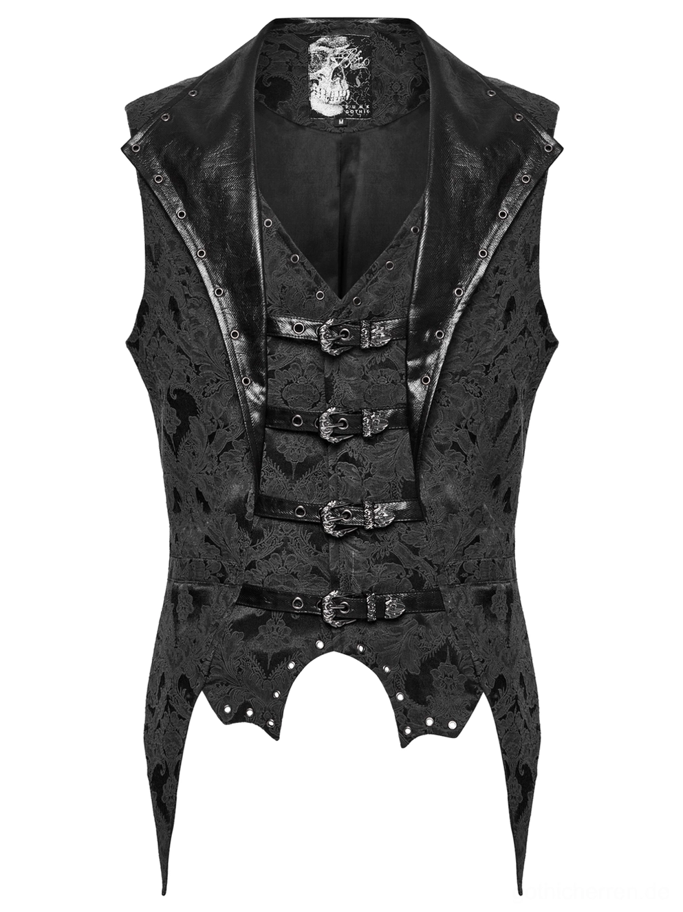 Schwarze Gothic Anzugweste Vorderansicht Top-Down Flat-Lay zeigt ornamentale Metallschnallen und Jacquard-Damast-Muster