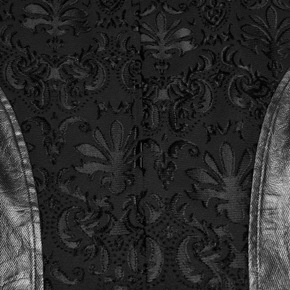 Schwarze Gothic Anzugweste verstellbare Metall-Wespentaille-Schnalle Nahaufnahme mit Damast-Jacquard-Stofftextur-Detail