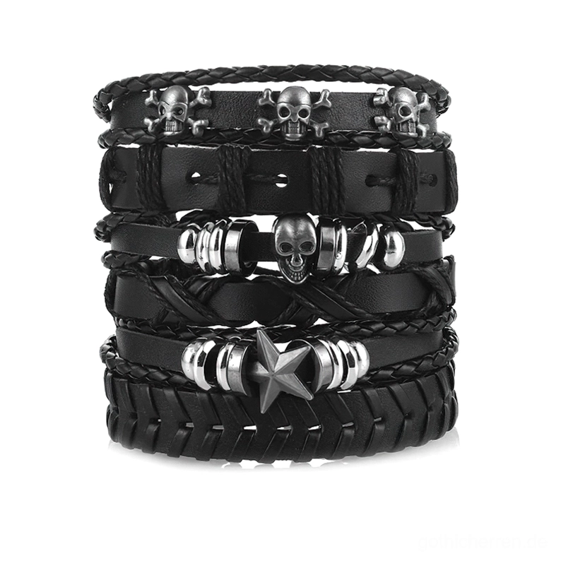 Schwarze gothic armband set mit 6 totenkopf und stern lederarmbändern verstellbar flachlage ansicht