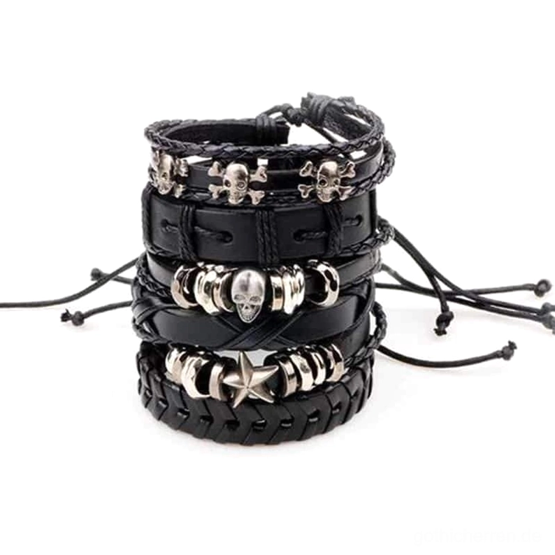Verstellbare schwarze leder gothic armbänder mit totenkopf und stern metal anhänger detail nahaufnahme